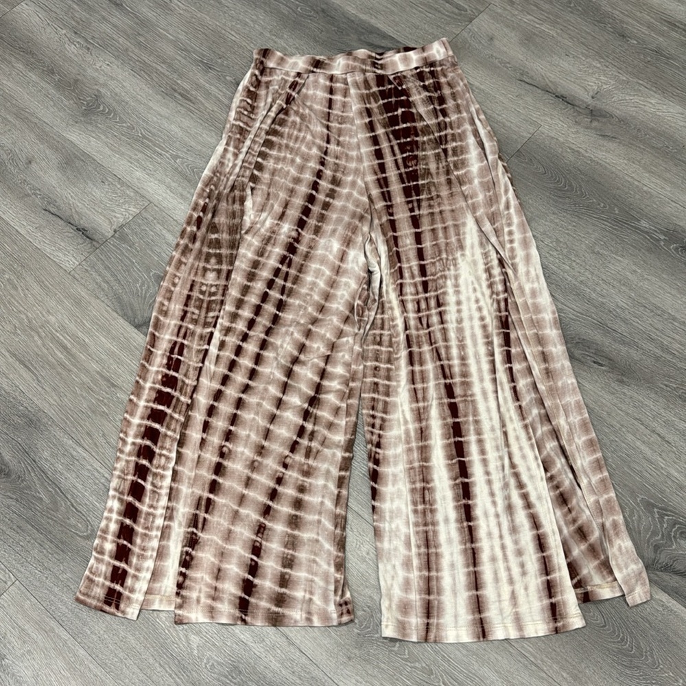 Women’s High Waisted Palazzo Tye Die Side Slit Pants Medium Brown Tan Cream - Picture 8 of 11